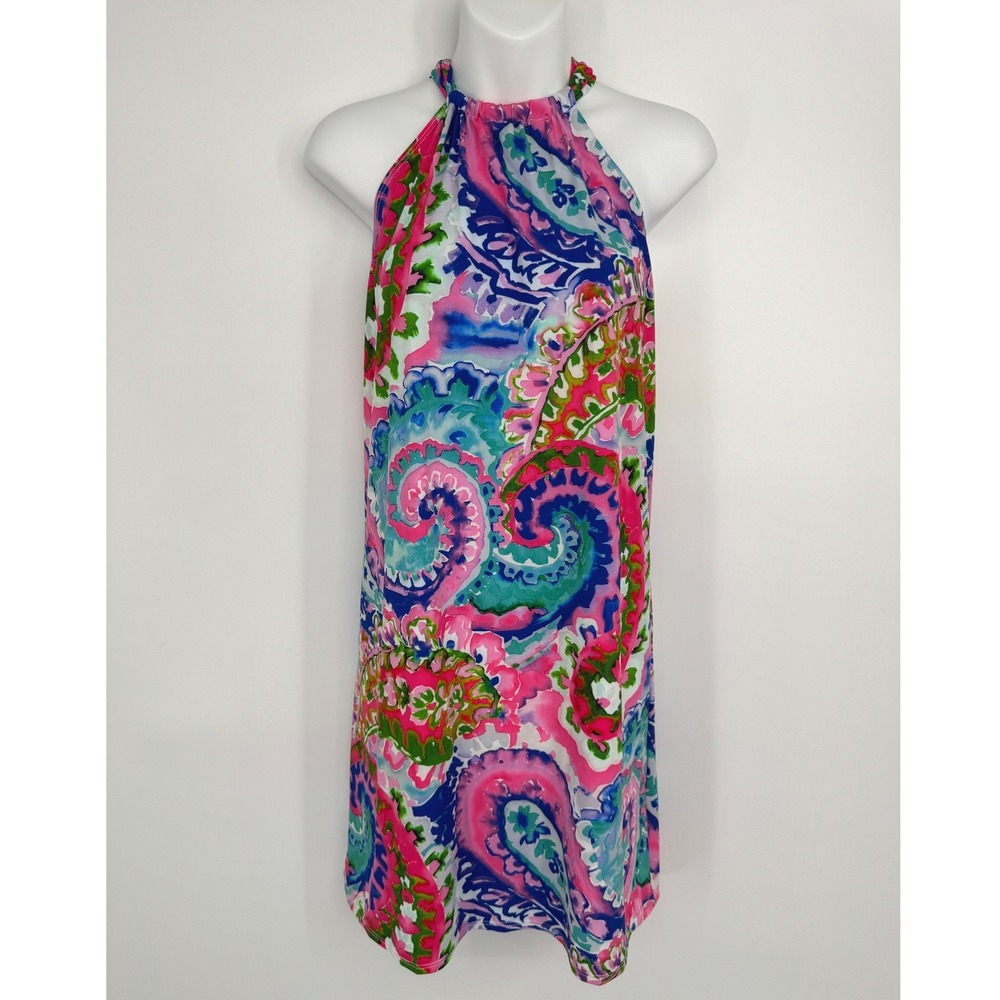 Tara Grinna Halter Mini Dress Medium Pink Blue Paisley Resort Coastal Preppy